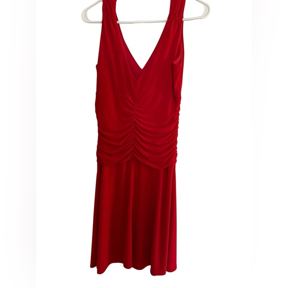 Moda International Elegant Red Sleeveless Dress V-neck front and back ruching M